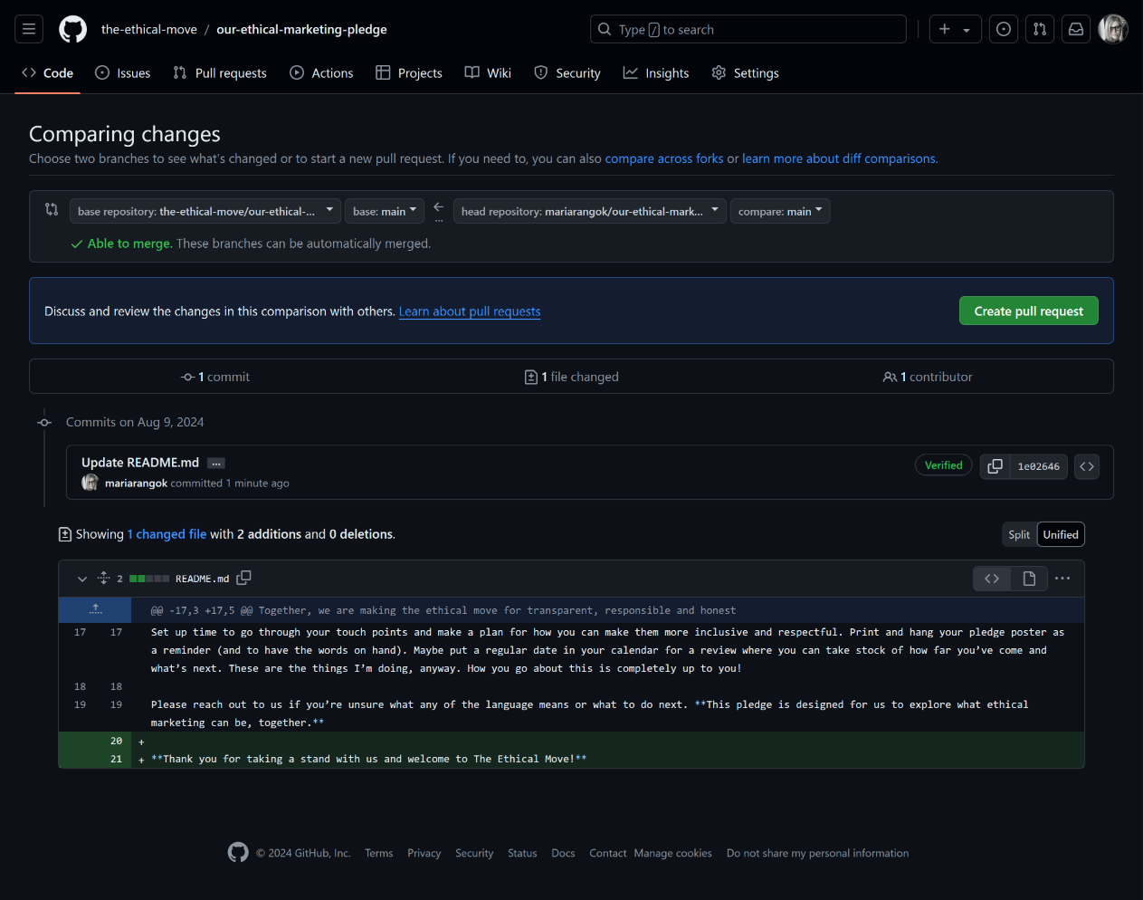 A screenshot of the original repo by The Ethical Move, where Maria is creating a pull request to merge their changes with the main repository