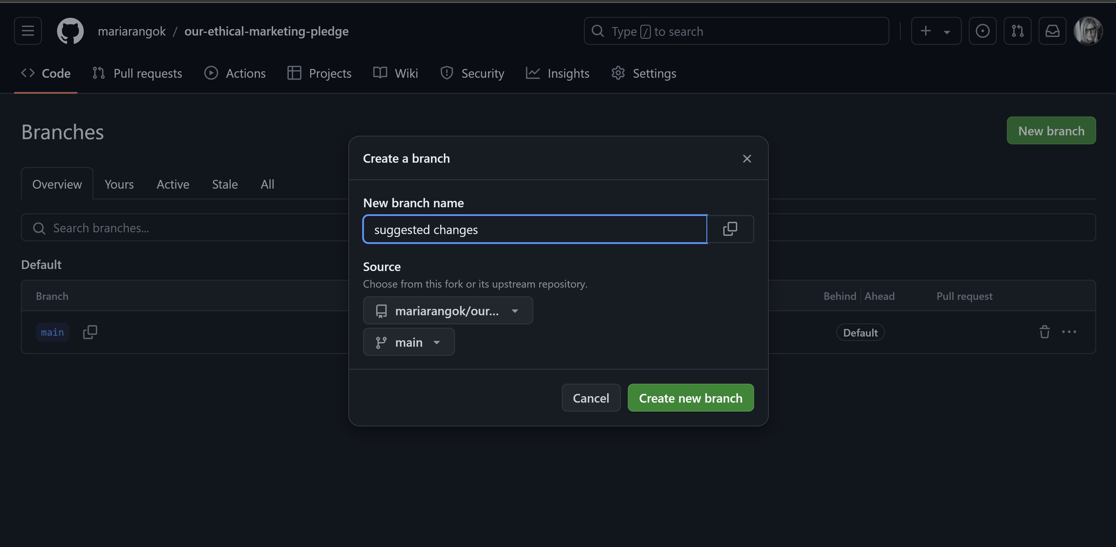 A screenshot of the fork on Maria's account where they are creating a new branch called suggested-changes