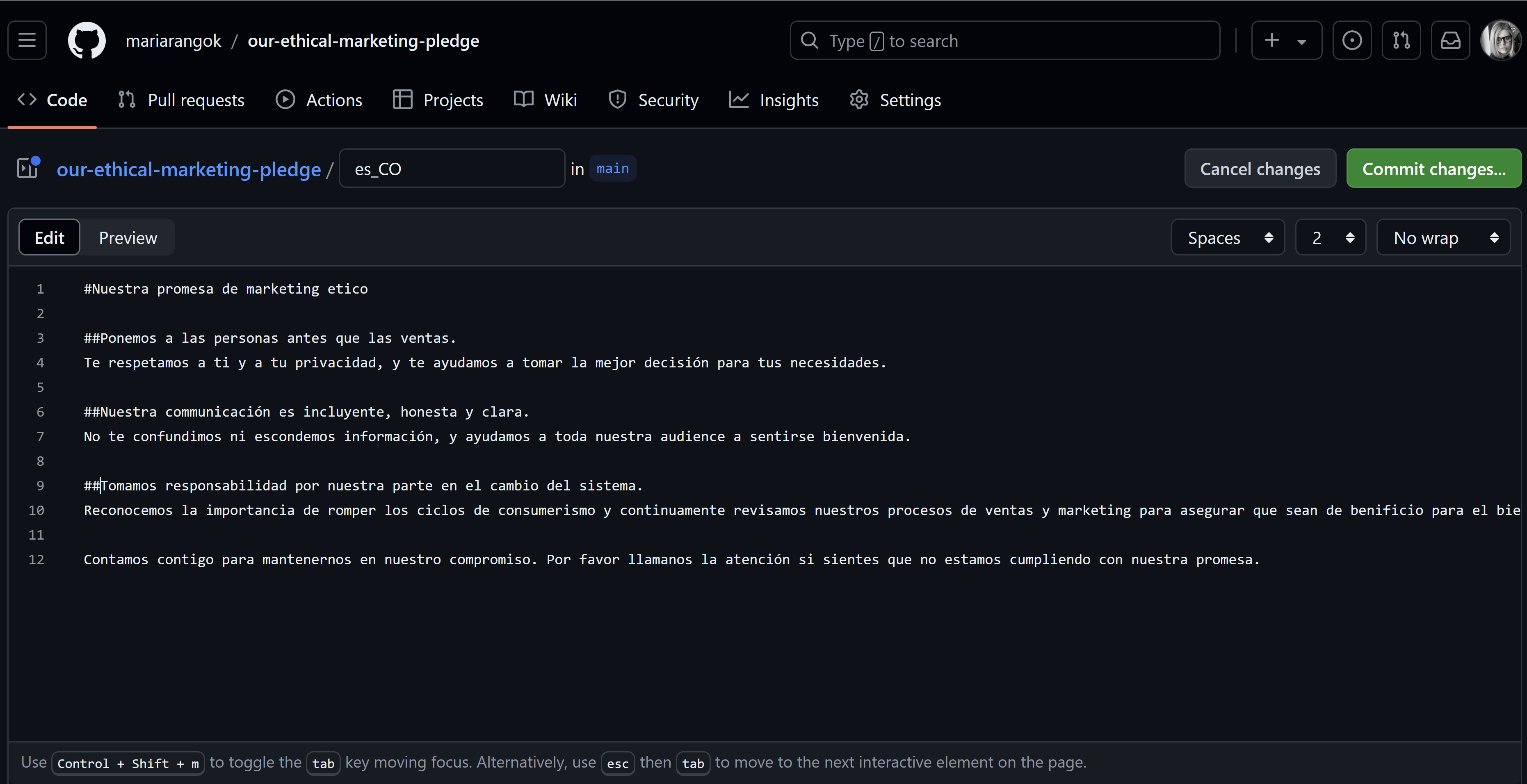 A screenshot of the edit screen in Maria's fork, where they aer editing a file and can commit the changes. 