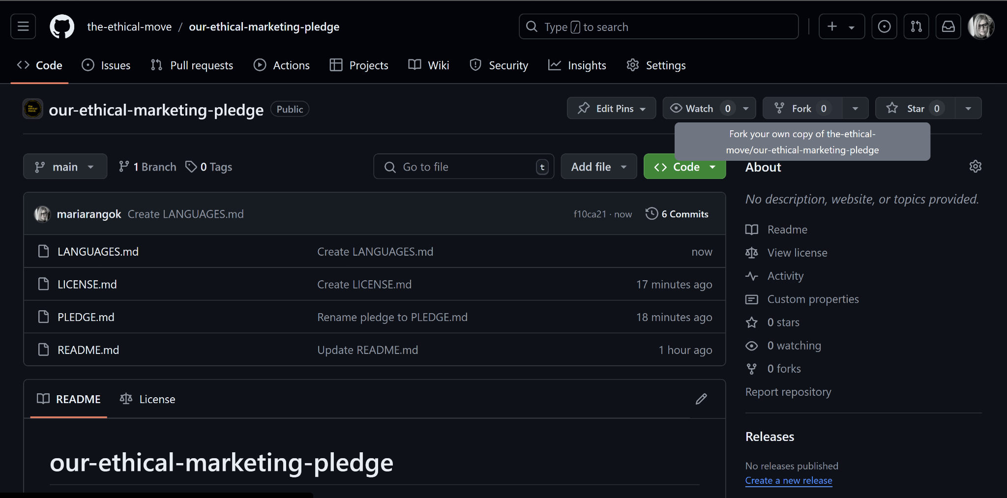 Screenshot of the ethical move GithHub respository with a tooltip over the fork button indicating where to create the fork. 