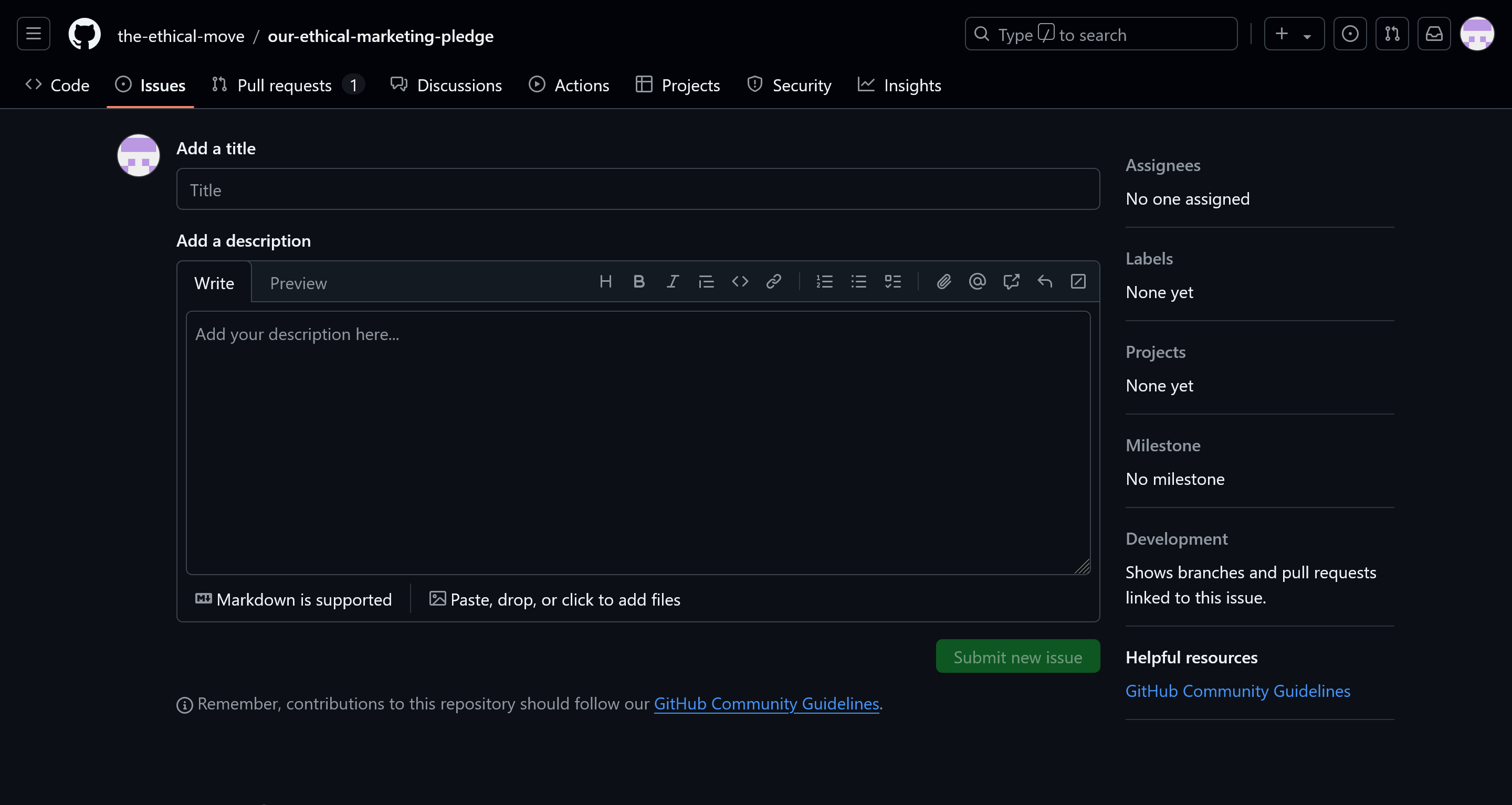 Screenshot of the ethical move GithHub respository, directly on the page where to create a new issue. 