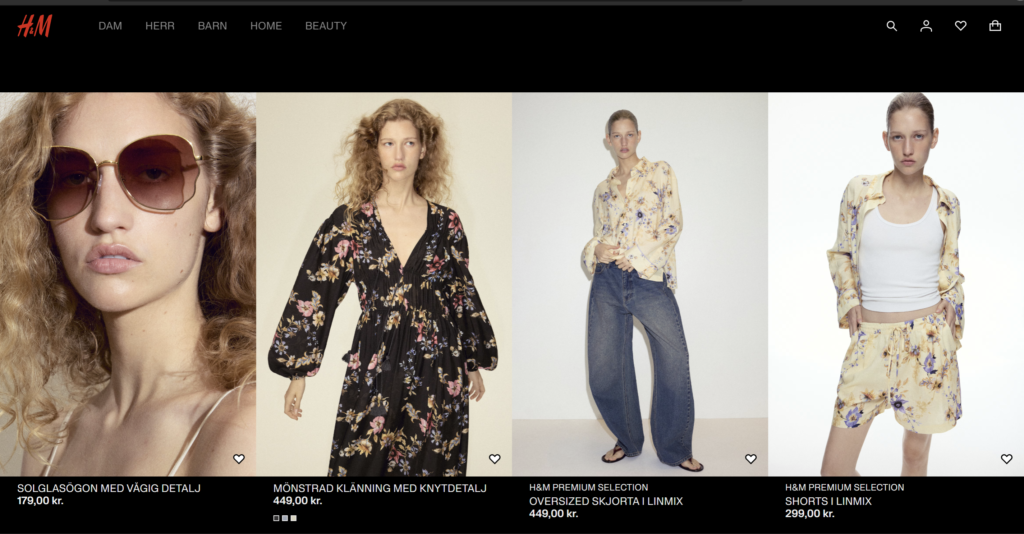Screenshot of an H&M launch page showing four fashion images with products priced at 179, 449, 449 and 299 Swedish kronor, each displayed with zero decimal places.